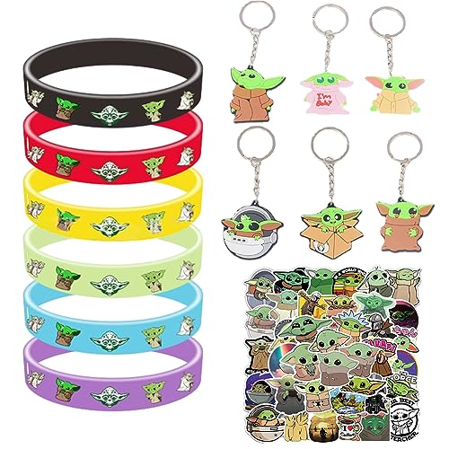FISAPBXC Baby Y-oda Party Mitgebsel, Spielzeug Set beinhaltet 12 Y-oda Silikon Armbänder, 50 Y-oda Aufkleber, 12 Y-oda Schlüsselanhänger für Kindergeburtstag Party Dekoration Requisiten Partyzubehör von FISAPBXC