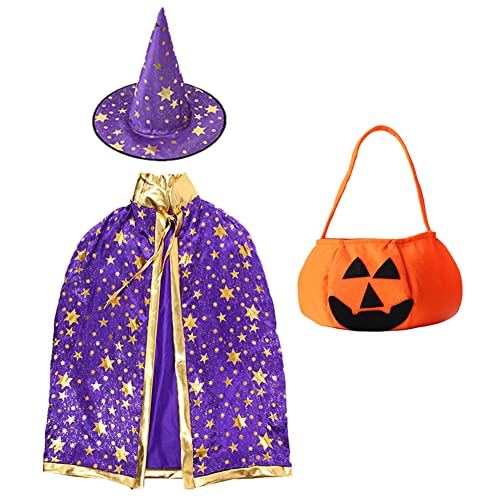 FISAPBXC Kinder Halloween Kostüm, Halloween Hexe Zauberer Umhang, Zauberermantel Mit Hut Kürbis Candy Bag, Halloween Requisiten Set für Kinder Junge Mädchen Kostüm Cosplay Festivel Party (Violett) FISAPBXC Kinder Halloween Kostüm, Halloween Hexe Zauberer Umhang, Zauberermantel Mit Hut Kürbis Candy Bag, Halloween Requisiten Set für Kinder Junge Mädchen Kostüm Cosplay Festivel Party (Violett) von FISAPBXC
