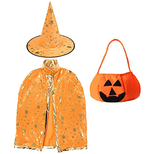 FISAPBXC Kinder Halloween Kostüm, Halloween Hexe Zauberer Umhang, Zauberermantel Mit Hut Kürbis Candy Bag, Halloween Requisiten Set für Kinder Junge Mädchen Kostüm Cosplay Festivel Party (Orange) FISAPBXC Kinder Halloween Kostüm, Halloween Hexe Zauberer Umhang, Zauberermantel Mit Hut Kürbis Candy Bag, Halloween Requisiten Set für Kinder Junge Mädchen Kostüm Cosplay Festivel Party (Orange) von FISAPBXC