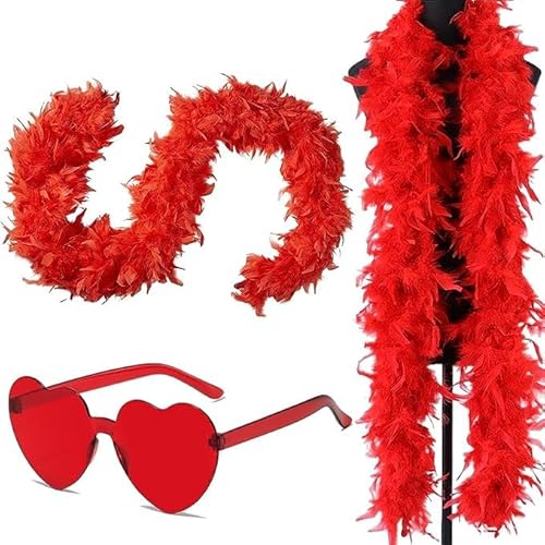Modischer Federboa für Damen, Flauschige Feder Boa Pute Federn Schal für Damen Kostüm Requisiten mit Rot Randlosen Herzbrille Für Cosplay, Karneval Party,Bühnenshows, Kostüm Party(200cm,Rot) von FISAPBXC