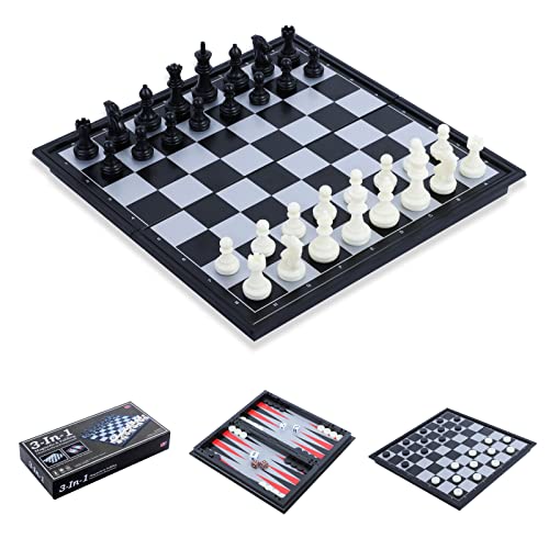 3-in-1 Schachspiel Magnetisch, FISHOAKY Schach/Dame/Backgammon Reise-Set Faltbarem Schachbret Schwarz und weiß 25 × 25 cm für Kinder Erwachsene Familie Weihnachts Neujahrs von FISHOAKY