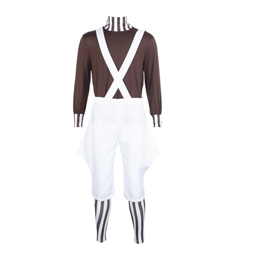 FIVECOSER Chocolate Factory Oompa Kostüm für Halloween, Cosplay, Hosenträger-Outfit-Set (Weiß, Größe M) von FIVECOSER