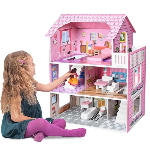FIVMEN Puppenhaus 3 Etagen Holz Dollhouse Puppenhäuser mit Möbeln und diversen Zubehör für Große Puppen Spielzeug für ab 3 Jahre mädchen, 60x24x70cm FIVMEN Puppenhaus 3 Etagen Holz Dollhouse Puppenhäuser mit Möbeln und diversen Zubehör für Große Puppen Spielzeug für ab 3 Jahre mädchen, 60x24x70cm von FIVMEN