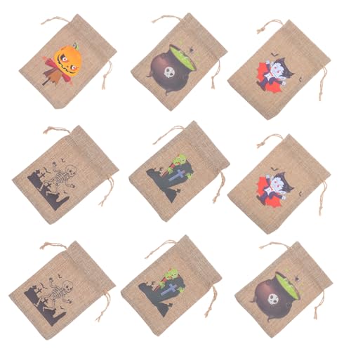 FIXOSHEE 10 Stück Halloween Jutesäckchen mit Kordelzug Kleine Süßigkeitentüten mit Halloween Motiven Wiederverwendbare Geschenkbeutel für Party Snacks und Naschereien für Festlichkeiten von FIXOSHEE