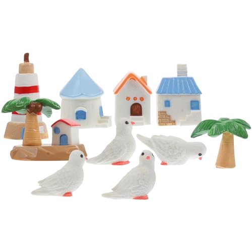 FIXOSHEE 10 Stück Teiliges Miniatur dekorationsset für Garten Mikrolandschaft mit Strandhaus Leuchtturm Kokospalme Taube Vielfältige Mini Ornamente für Sandtisch und DIY Ozeanszene von FIXOSHEE