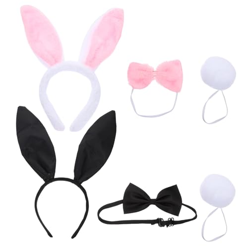 FIXOSHEE 2 Sätze Hasenohren Haarreif und Flauschige Kaninchenschwanz Kostüm Zubehör Leichtes Strapazierfähiges Material Stabile Form für Cosplay Ostern Halloween und Party Schwarz und Rosa von FIXOSHEE