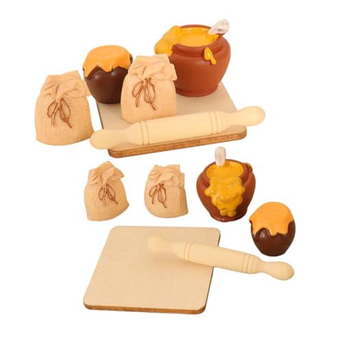 FIXOSHEE 2 Satz Miniatur Backzubehör für Puppenhaus Resin Holz-bäckerei Nudelholz Honigglas Mehltüte Realistische Küchenaccessoires für DIY-szenenbau und Dekoration von FIXOSHEE