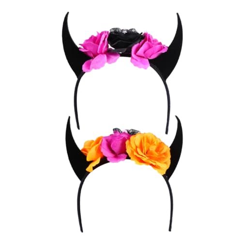 FIXOSHEE 2 Stück Halloween Teufelshörner Stirnband mit Blumen und Totenkopf Komfortables Stoff Haarband für Erwachsene und Accessoire für Kostüm und Cosplay Partys von FIXOSHEE