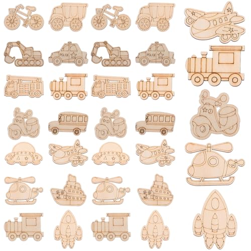 FIXOSHEE 50 Stück Teiliges Unvollendete Holzscheiben Fahrzeugformen aus Langlebigem Holz Vielseitige DIY Bastelornamente für Erwachsene Natürliche Holzplättchen zum Bemalen und Dekorieren von FIXOSHEE