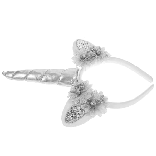 FIXOSHEE Einhorn Stirnband mit Silber Grauen Stoffblumen Lustiges Haar Accessoire für Mädchen Party Kopfschmuck für Karneval Weihnachten und Kostümfeste von FIXOSHEE