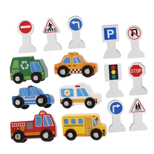 FIXOSHEE Holzfahrzeug Spielset mit Verkehrszeichen Buntes Lernspielzeug für Kleinkinder Pädagogisches Baustellenauto und Verkehrszeichen Sicheres Holzmaterial Fördert Farb und von FIXOSHEE