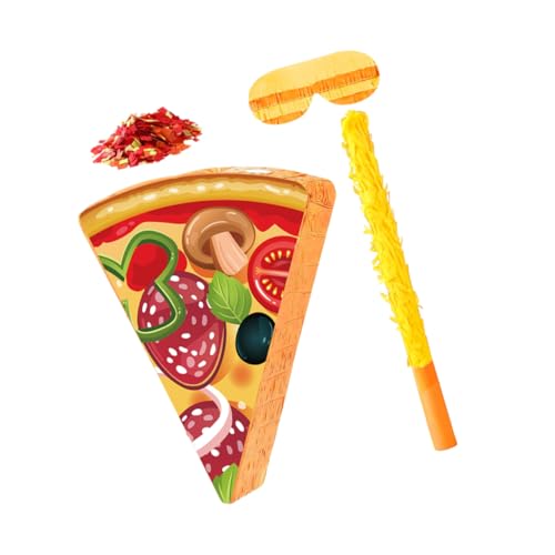 FIXOSHEE Pizza Pinata für Kindergeburtstag mit Aufhängering Schlagstab Augenbinde und Konfetti Bunte Pizzastück Deko aus Karton und Krepppapier Spielerisch Robust für Partyspiele und von FIXOSHEE