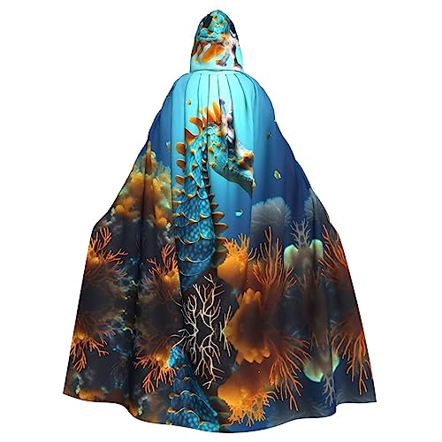 FInpan Blauer Seepferdchen-Poncho, Halloween-Kapuzenumhang, für Damen und Herren, Halloween, Verkleidungsparty, Cosplay-Kostüme von FInpan