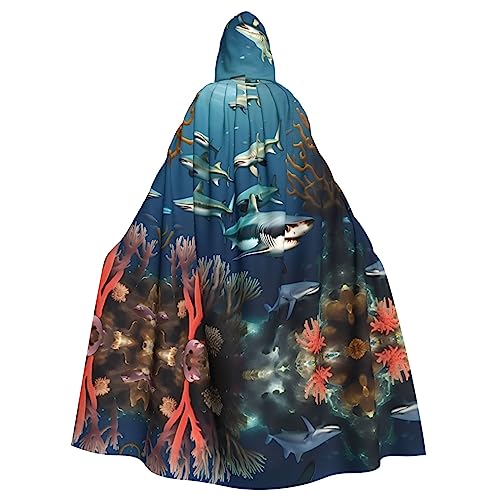 FInpan Poncho, Haie unter dem Meer, Halloween-Kapuzenumhang, für Damen, Herren, Halloween, Verkleidungsparty, Cosplay-Kostüme von FInpan