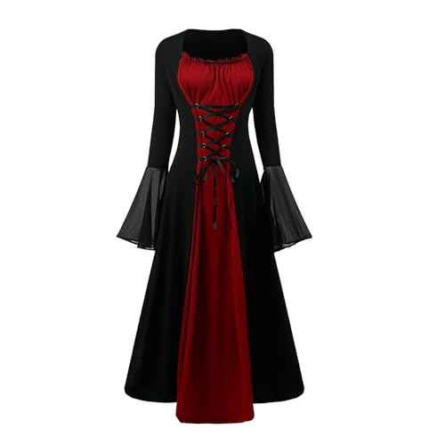 FJKVKDT Damen Mittelalter Kleid Mit Trompetenärmel Renaissance Mittelalter Kostüm Korsett für Halloween Viktorianisches Kleid (Stil-2, 2XL) von FJKVKDT