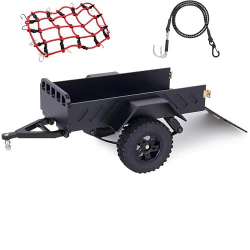 FKRTQIYN Aluminium 1/18 Crawler Trailer mit kinetischem Winchriemen und Gepäcknetz, das mit 1/18 und 1/24 RC -Fahrzeugen wie K10 und SCX24 kompatibel ist(Black) von FKRTQIYN