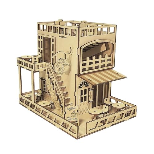 FLADO DIY Handmontiertes Gebäude Aus Holz, Dreidimensionales Puzzle, Café, Handgefertigt, DIY-Rechtschreibspielzeug, Dekoration, Geschenk Für Erwachsene Und Kinder von FLADO