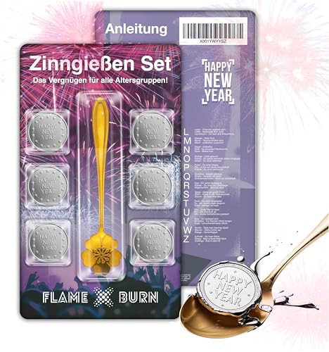 3X Zinngießen Set für Silvester 2025: Zinn zum Gießen ähnlich wie Bleigießen, inklusive Löffel & Orakelbuch mit Deutungen - Partyspiele (3X) von FLAME X BURN