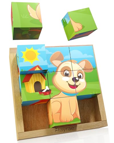 Flayrae® Würfelpuzzle Holz 4x4cm - Deutschlands beliebteste Haustiere - 9 Montessori Bilderwürfel - Ideale Herausforderung für Kinder von FLAYRAE