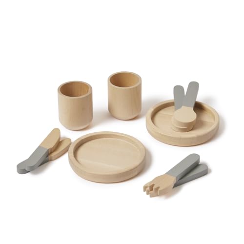 FLEXA Kinderküche Zubehör Holz | Geschirrset zum Üben und Spielen | (Inklusive Holzteller, Besteck, Tassen) | Perfekt für kleine Starköche | Küchen Zubehör für Kinder von FLEXA