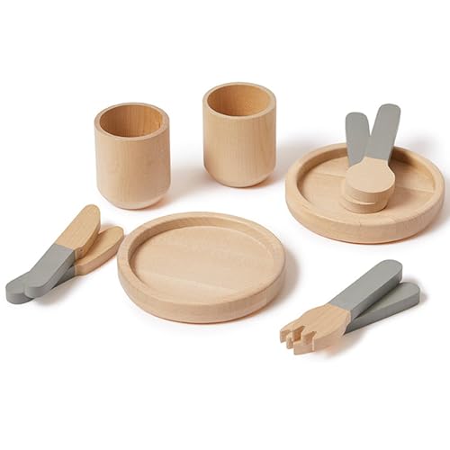 FLEXA Kinderküche Zubehör Holz | Geschirrset zum Üben und Spielen | (Inklusive Holzteller, Besteck, Tassen) | Perfekt für kleine Starköche | Küchen Zubehör für Kinder von FLEXA