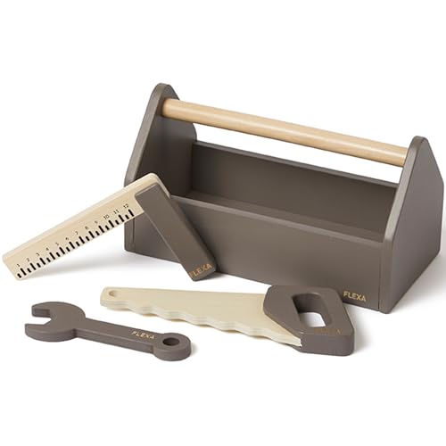 FLEXA Werkzeugkoffer Kinder aus Holz | 4-teiliges Werkzeug Set für Kleine Handwerker | Kinder Spielzeug | Montessori Holzspielzeug | Lernspielzeug ab 3 Jahre | Perfectes Geschenk für Jungen & Mädchen von Flexa
