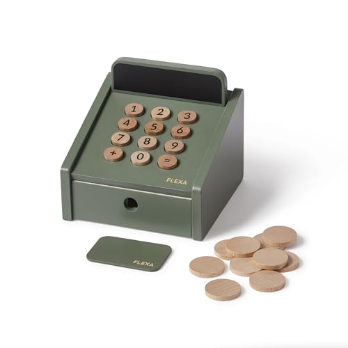 FLEXA Registrierkasse | Kasse Kaufladen Kinder Set mit 12 Teilen | Drückbare Nummerierte Knöpfe, Münzschublade, Tafel, Holzmünzen und Kreditkarte | (Farbe: Grün) von FLEXA