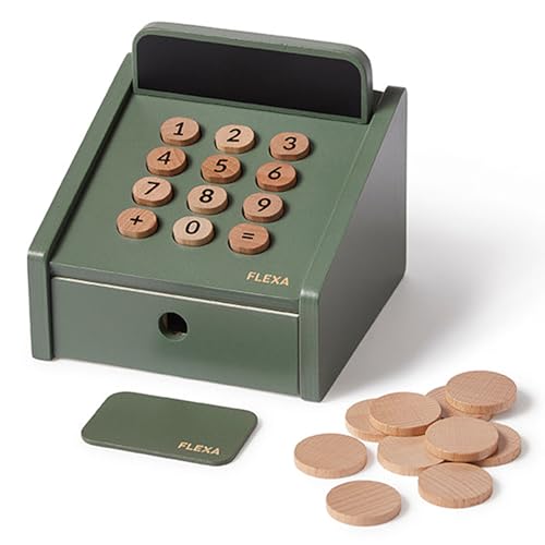 FLEXA Spielkasse aus Holz | Registrierkasse mit 12 Teilen | Montessori Spielzeug | Kaufladen & Kinderküche Zubehör | Kinder Lernspielzeug ab 2-3 Jahre | Perfectes Geschenk für Jungen Mädchen von Flexa