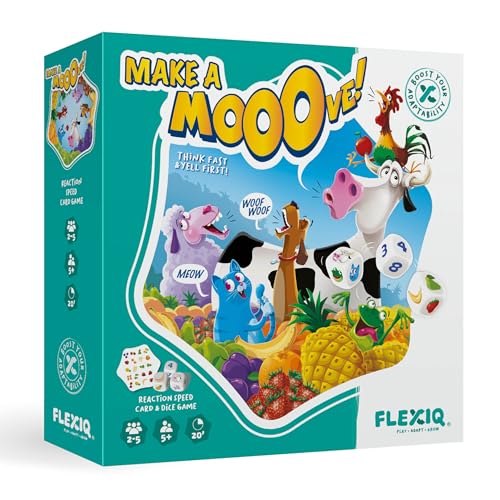 FlexiQ Make a Mooove Kinderspiel | Gesellschaftsspiele ab 5 Jahre für die ganze Familie | Mitbringspiel | Gemeinschaftsspiele für 2-5 Personen | Karten- und Würfelspiel | 20 Minuten Spieldauer FlexiQ Make a Mooove Kinderspiel | Gesellschaftsspiele ab 5 Jahre für die ganze Familie | Mitbringspiel | Gemeinschaftsspiele für 2-5 Personen | Karten- und Würfelspiel | 20 Minuten Spieldauer von FLEXIQ