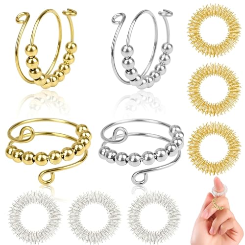 FLEXNOVA 10 Stück Verstellbare Anti Stress Ring, Anxiety Ring Gold Silber Set, Akkupressurringe Fidget Ring,Akupressur Ring,Massage Ring für Stress Reduzierstück Mädchen Erwachsene FLEXNOVA 10 Stück Verstellbare Anti Stress Ring, Anxiety Ring Gold Silber Set, Akkupressurringe Fidget Ring,Akupressur Ring,Massage Ring für Stress Reduzierstück Mädchen Erwachsene von FLEXNOVA