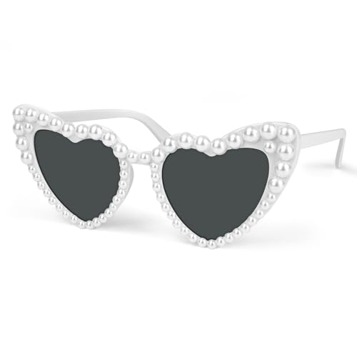 FLEXNOVA Herz Cateye Sonnenbrille Hochzeit,UV400 Retro Herzbrille Weiß Perlen,Partybrille,Festival Brille,Jga Sccessoires Frauen für Braut,Hochzeit,Bachelorette Party,JGA,Geburtstag,Karneval uvm. von FLEXNOVA
