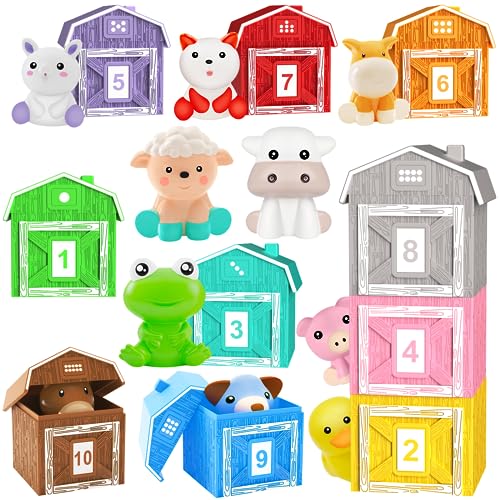 FLITI Montessori Spielzeug ab 1-5 Jahre, 20 Bauernhoftier-Fingerpuppen und Scheunenspielzeug, Baby Spielzeug, Zähl-, Zuordnungs- und Farbsortierspiele, Weihnachten, Geburtstagsgeschenke für Kinder von FLITI