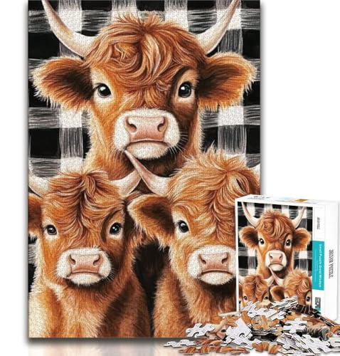 1000-teiliges Puzzle für Erwachsene, Geschenke, Hochlandkuh, hilft dem Gehirn, süchtig machendes Spielzeug zu trainieren, um Geduld zu fördern, Künstlersammlung, bildende Kunst, 38x52cm von FLKFDOZ