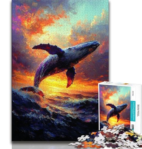 1000-teiliges Puzzle für Erwachsene, Geschenke, Wale springen bei Sonnenuntergang, für Lernspiele, Herausforderung, Spielzeug, Künstlersammlung, bildende Kunst, 38x26cm von FLKFDOZ