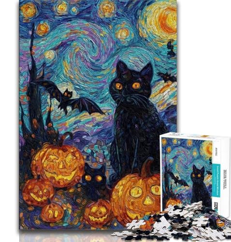 1000-teiliges Puzzle für Erwachsene und Teenager, Halloween, Schwarze Katze, Lernspiele, Heimdekoration, Lernspiel für Geburtstag, Weihnachten, 38x26cm von FLKFDOZ