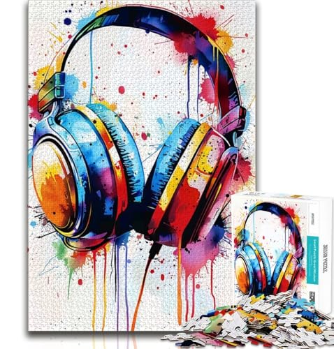 Aquarell-Kopfhörer, 1000-teiliges Puzzle für Jugendliche und Erwachsene, Stressabbau, schwierige Herausforderung, stärkt die Liebe zwischen Paaren, 38x26cm von FLKFDOZ