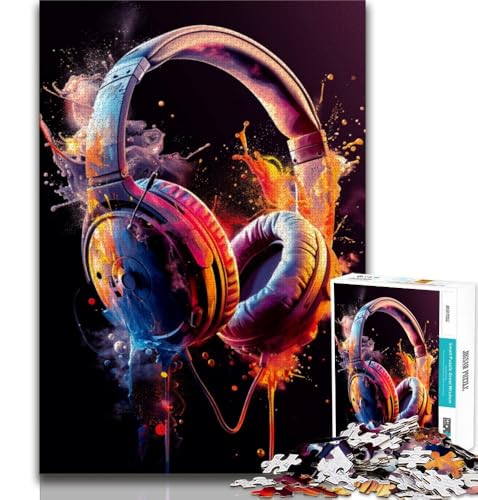 Kopfhörer, buntes Splash-Art-Puzzle für Teenager, 1000 Teile, anspruchsvoll zu vervollständigen, Aber lustig und humorvoll, mit passendem Poster und Quizblatt, 38x26cm von FLKFDOZ