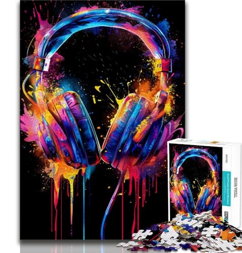 Kopfhörer Bunte Splash Art Puzzles für Erwachsene 1000 Puzzles, anspruchsvolle Spielegeschenke Ganze Familie 38x52cm von FLKFDOZ
