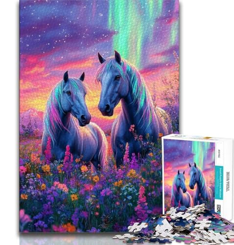 Pferde unter der Aurora, Puzzle für Erwachsene, 1000 Teile, Lernspielzeug, Familienspiele mit passendem Poster und Quizblatt, 50x75cm von FLKFDOZ