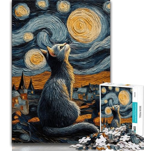 Puzzles für Erwachsene und Jugendliche, Katze unter dem Nachthimmel, anspruchsvolles Spiel und Lernspiel für die ganze Familie zum Geburtstag, Weihnachten, 50x75cm von FLKFDOZ