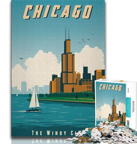 Puzzles für Erwachsene und Teenager, Puzzle Chicago, Lernspiel, Herausforderungsspielzeug, für die Heimdekoration ab 14 Jahren, 38x26cm von FLKFDOZ