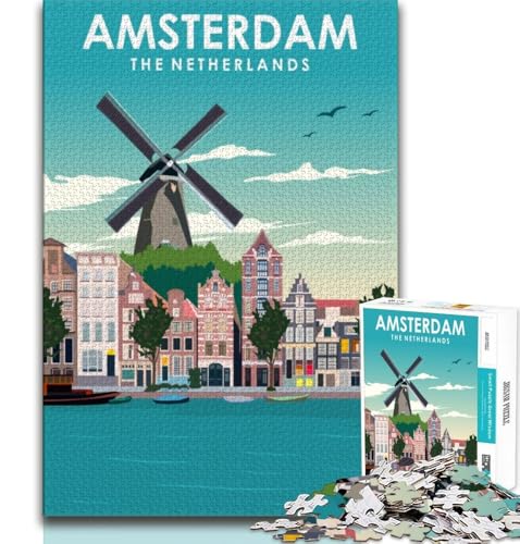 Puzzles für Teenager, 1000 Teile, Amsterdamer Windmühlenreise, Lernspielzeug, Heimdekoration, für Kinder ab 14 Jahren, 38x26cm von FLKFDOZ