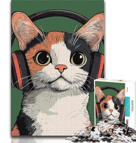 Puzzles für Teenager, 1000 Teile, Puzzle Katze mit Kopfhörern, Lernspielzeug, für die Heimdekoration ab 14 Jahren, 38x26cm von FLKFDOZ