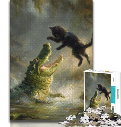 Schwarzes Katzenkrokodil-Puzzle 1000 Teile für Erwachsene und Jugendliche, Spielzeug, Lernspiele, Stressabbau, tolle Geschenke und Spielzeuge, 50x75cm von FLKFDOZ