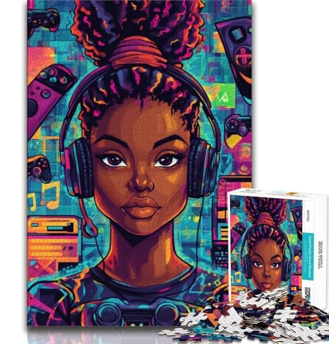Schwarzes Mädchen hört Musik, 1000-teiliges Puzzle für Erwachsene und Teenager, anspruchsvoll zu vervollständigen, Aber lustig und humorvoll, mit passendem Poster und Quizblatt, 38x52cm von FLKFDOZ