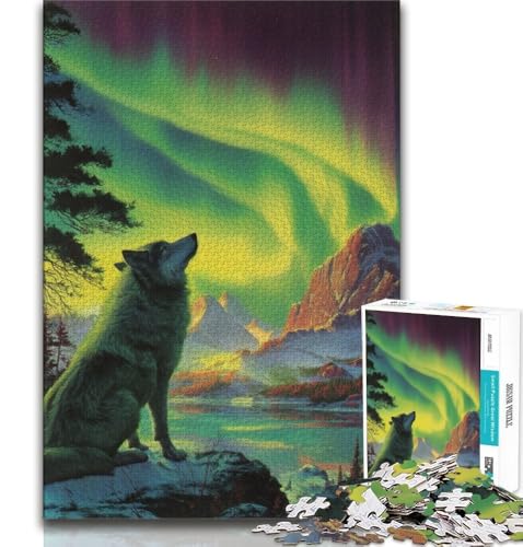 Wolf Under The Aurora Puzzle 2000 Teile für Erwachsene, Lernspielzeug, Familienspiele mit passendem Poster und Quizblatt, 70x100cm von FLKFDOZ