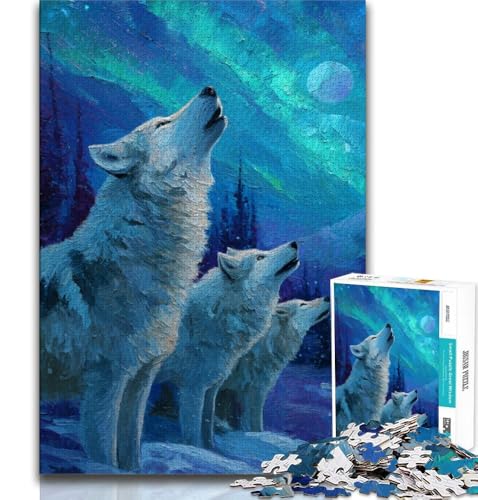 Wolf Under The Aurora Puzzle für Erwachsene, 1000 Teile, hilft dem Gehirn, süchtig machendes Spielzeug zu trainieren, um Geduld zu fördern, einzigartiges Herausforderungsspiel, 50x75cm von FLKFDOZ