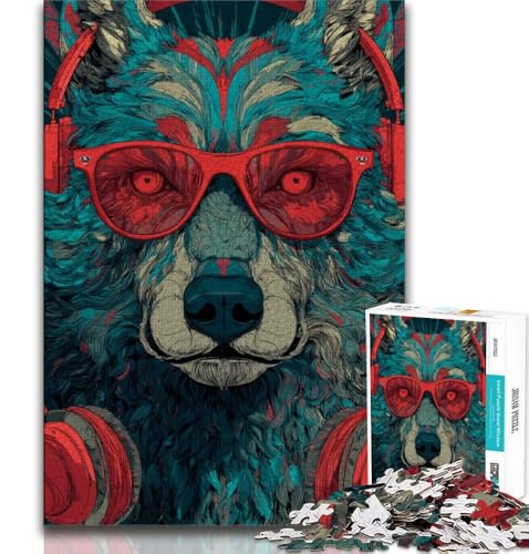 Wolf mit Kopfhörer-Puzzles für Erwachsene und Jugendliche, anspruchsvolles Spiel und Familienspiel, ganze Familie, 50x75cm von FLKFDOZ