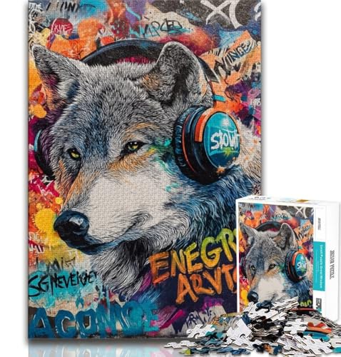 Wolf mit Kopfhörer-Puzzles für Erwachsene und Jugendliche, dekomprimierendes intellektuelles Lernspielzeug, Geburtstagsgeschenk, Geschenke, Wandkunst, 38x26cm von FLKFDOZ