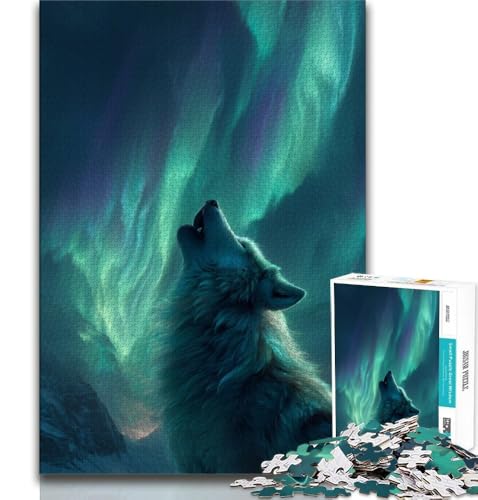 Wolf unter der Aurora, Puzzle für Erwachsene und Teenager, 1000 Teile, hilft dem Gehirn, süchtig machendes Spielzeug zu trainieren, um Geduld zu fördern, tolles Geschenk, 38x26cm von FLKFDOZ